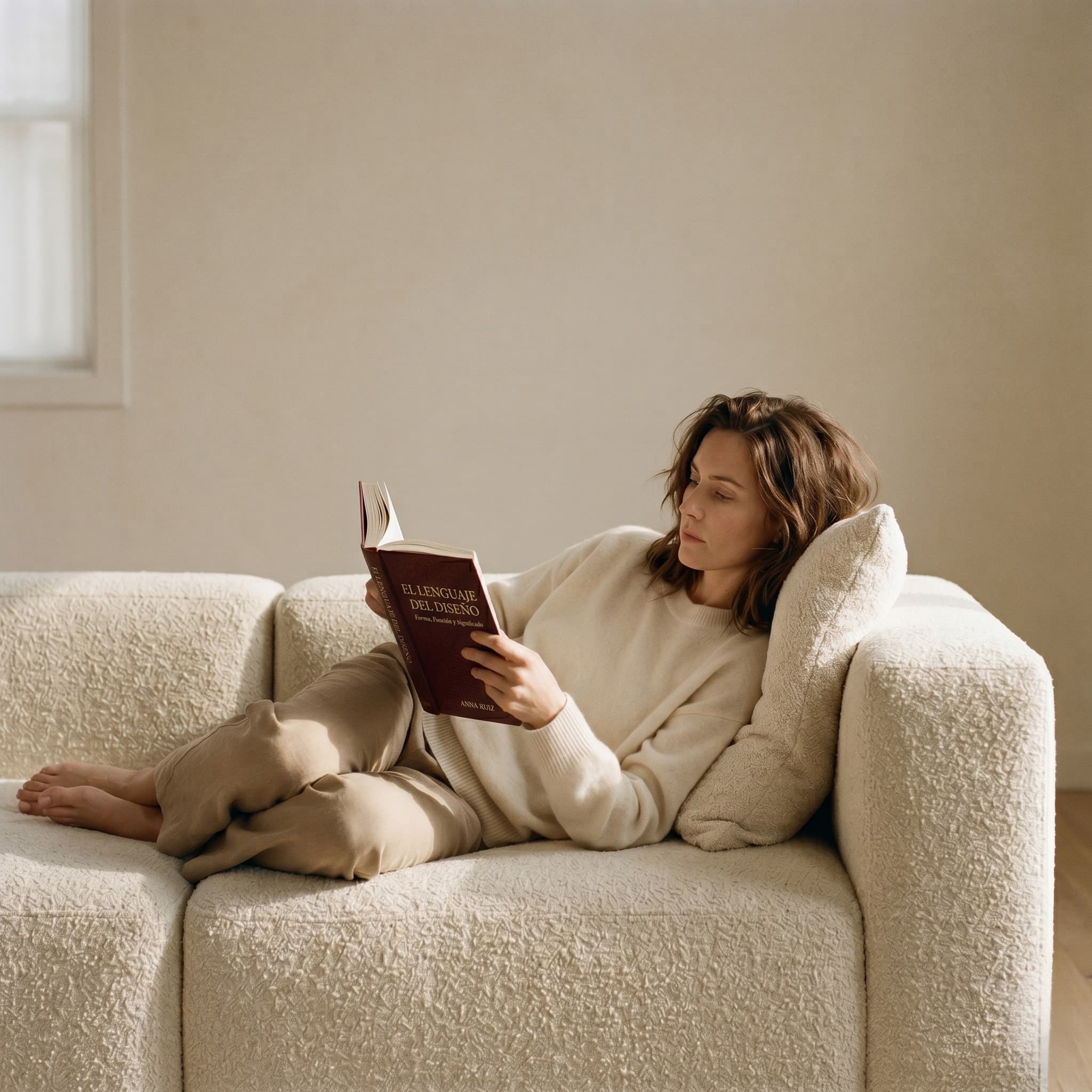 Pausa studio — un momento de lectura sobre el sofá en bouclé crudo